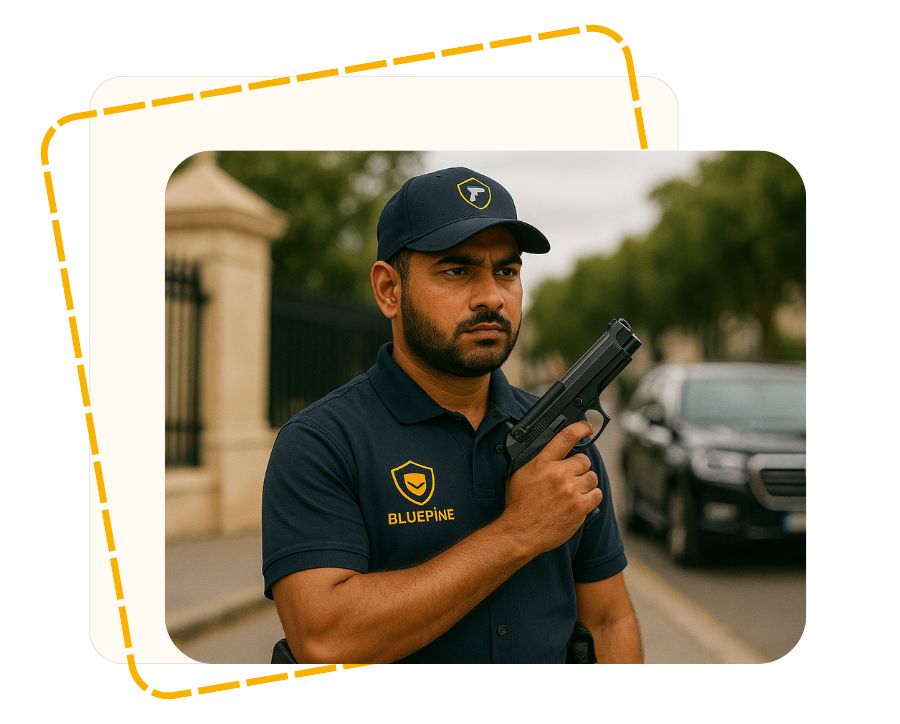 Armed security guard wearing BluePine uniform and cap, holding a licensed firearm while standing alert near a high-security zone