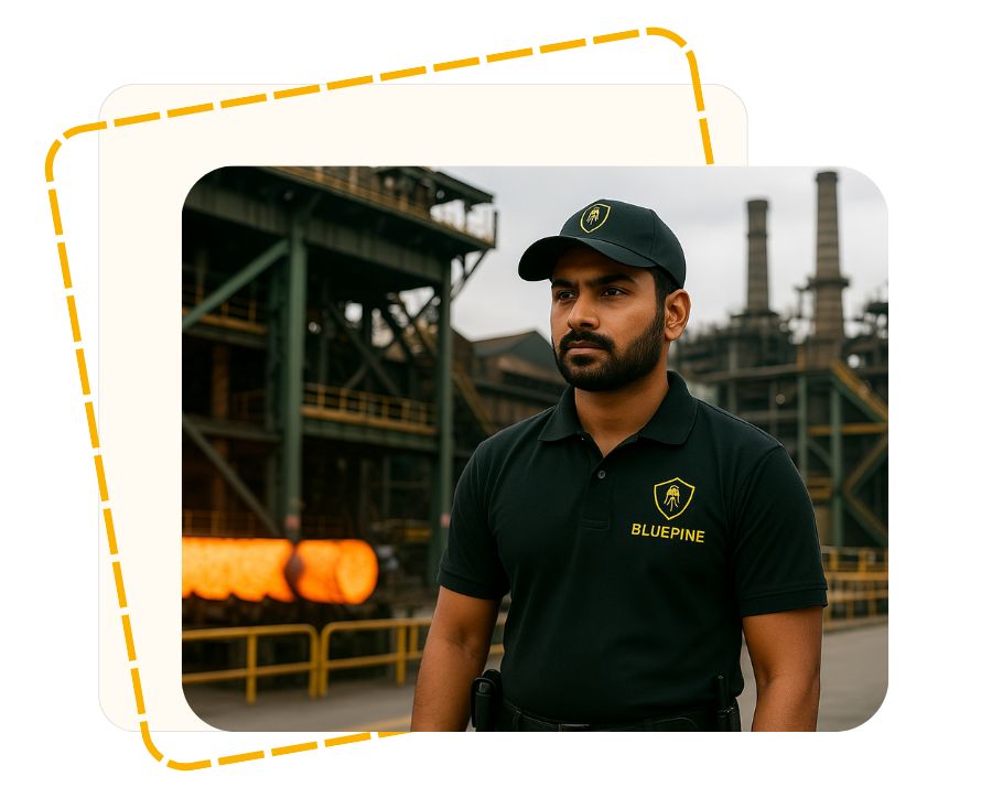 South Asian security guard in BluePine uniform standing in front of a heavy manufacturing steel plant with glowing hot metal rods and industrial machinery in the background