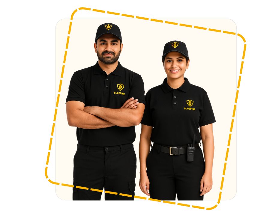 Indian male and female BluePine security guards in branded uniform inside yellow framed design.