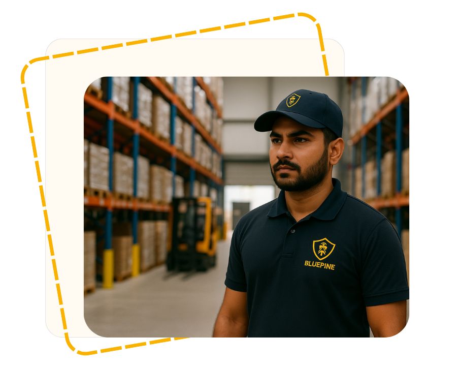 BluePine uniformed Indian security guard standing inside a large warehouse with racks, pallets, and forklifts, ensuring access control and preventing internal theft.