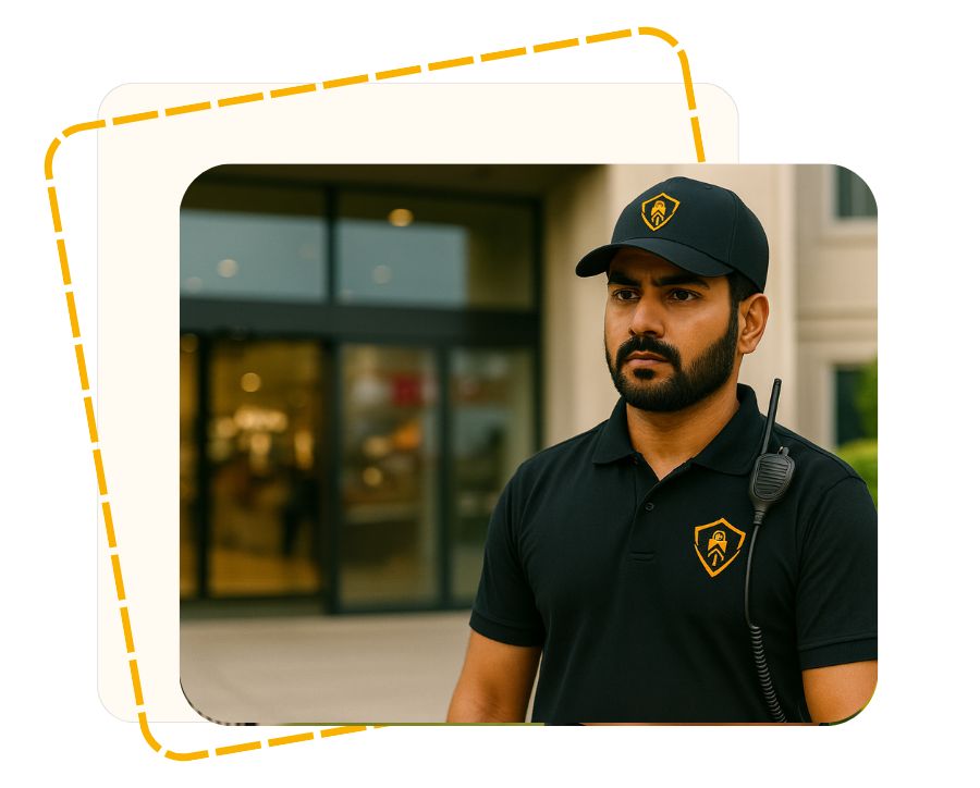 Commercial security guard standing at an Indian shopping mall entrance, ensuring surveillance, visitor screening, and business protection – BluePine Security.