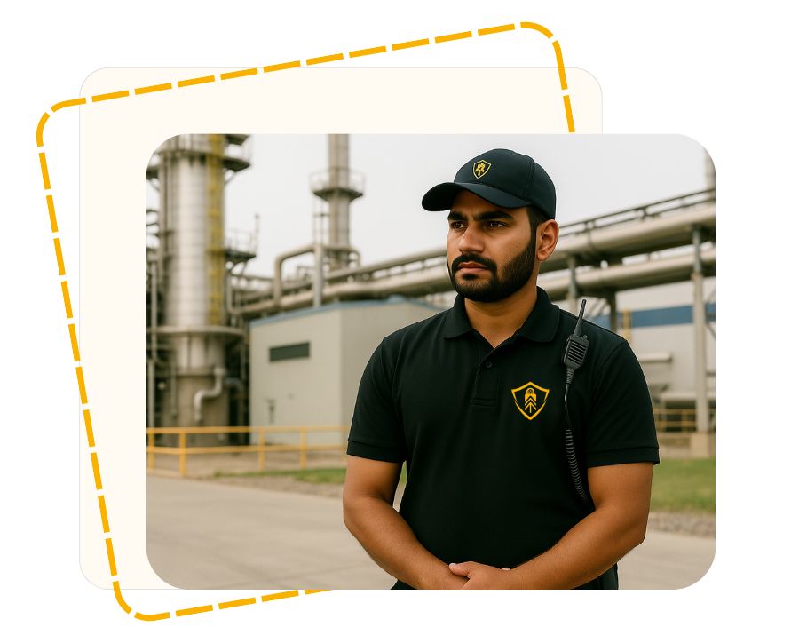 BluePine security guard in black uniform providing industrial security at an Indian factory site with pipelines and machinery in the background.