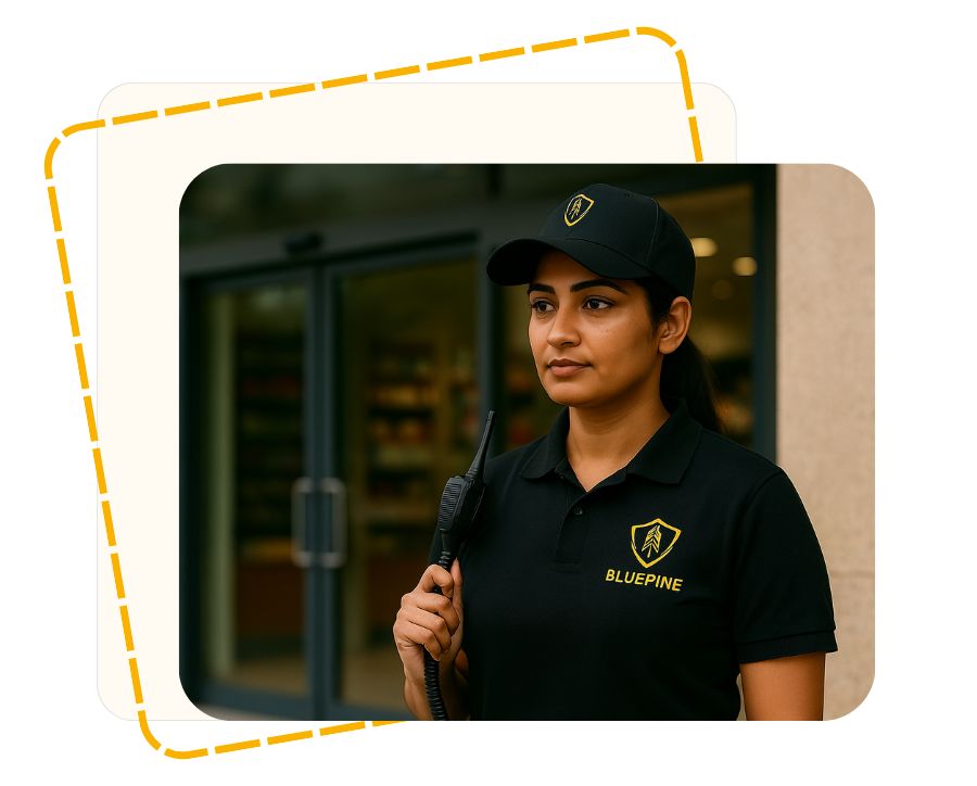 South Asian female security guard wearing a BluePine uniform and cap, holding a walkie-talkie while standing at a building entrance