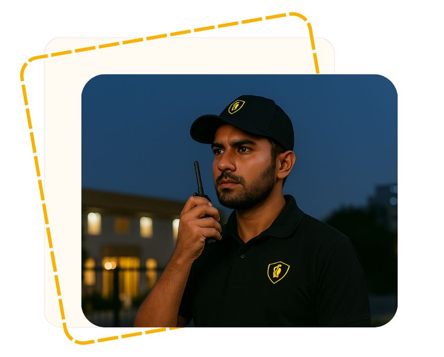 Night shift South Asian security guard in BluePine uniform holding a walkie-talkie while patrolling outdoors at dusk."