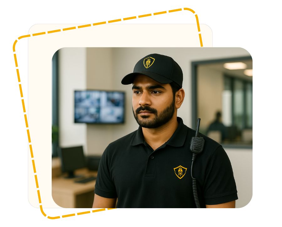 Indian male BluePine security guard monitoring office premises, wearing black uniform and cap with BluePine logo.