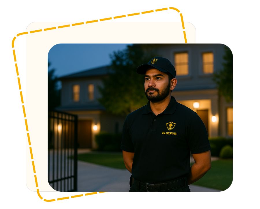 Unarmed BluePine security guard standing alert outside a residential house during evening patrol, ensuring safety with disciplined monitoring.